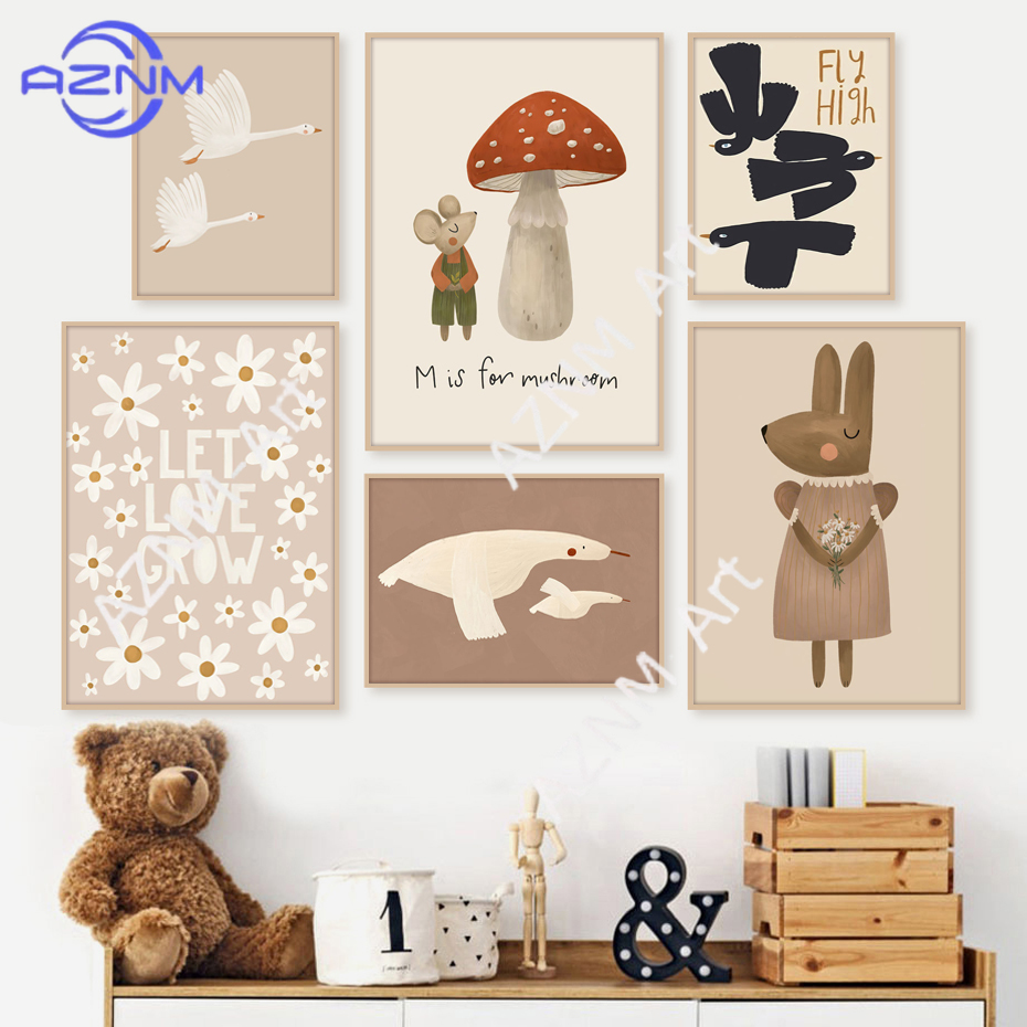 Baby Nursery Modern - Boho Cartoon Rabbit Mouse Goose Posters