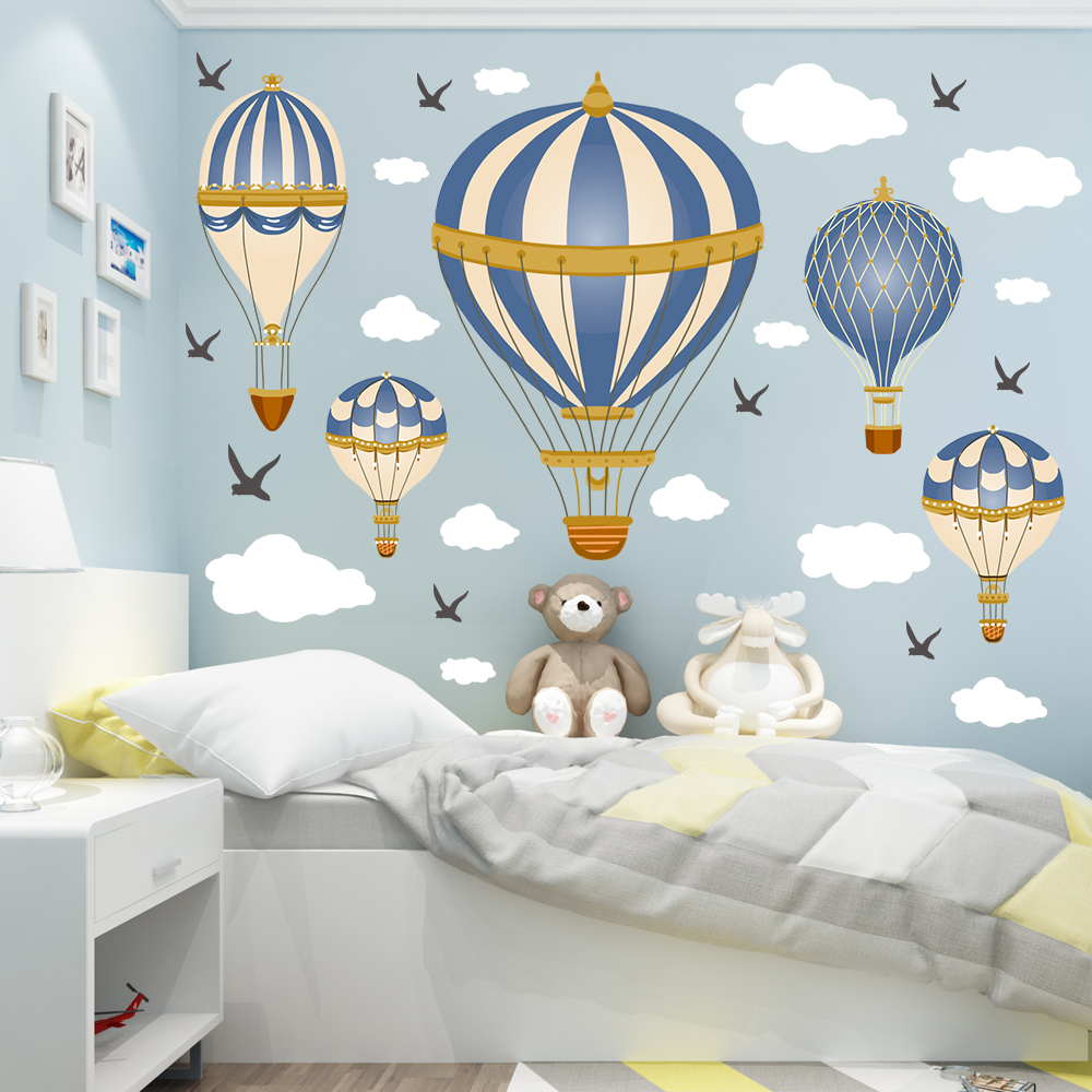 Baby Nursery Modern - Cartoon Hot Air Balloon Clouds Seagull