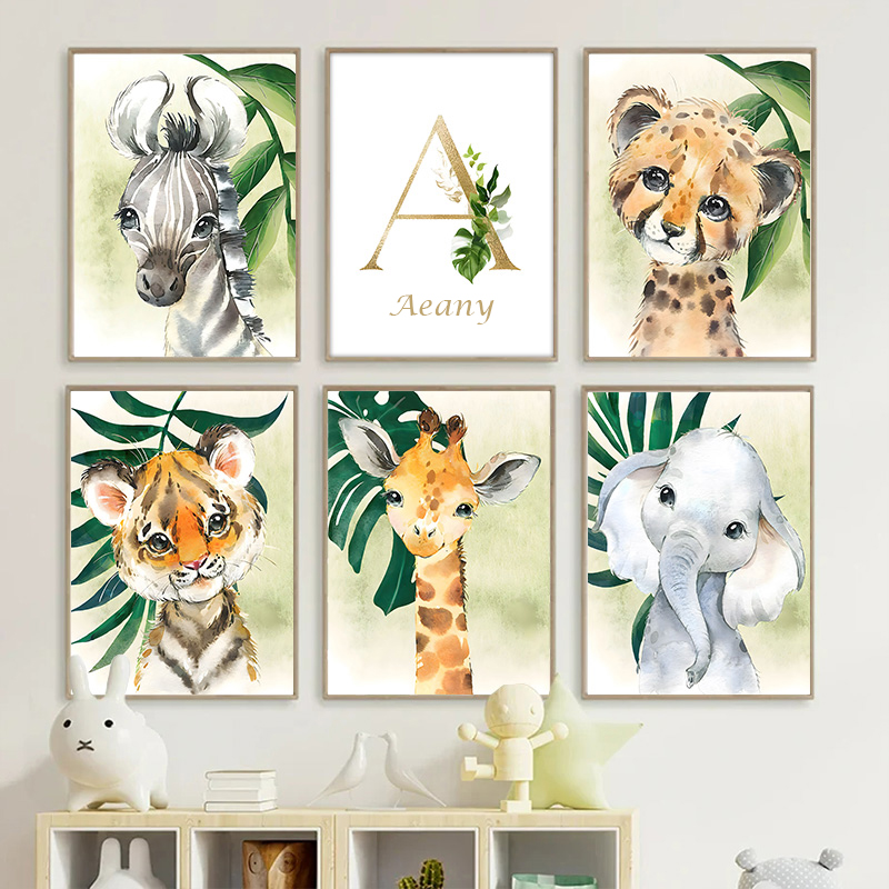 Baby Nursery Animal Pictures - Gold Kids Name Poster Jungle Animals