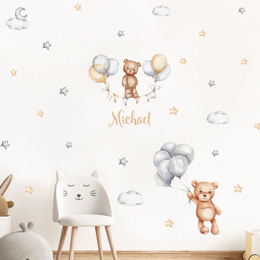 Baby Nursery Vinyl Wall Stickers - Custom Baby Name Bear Balloons Flags