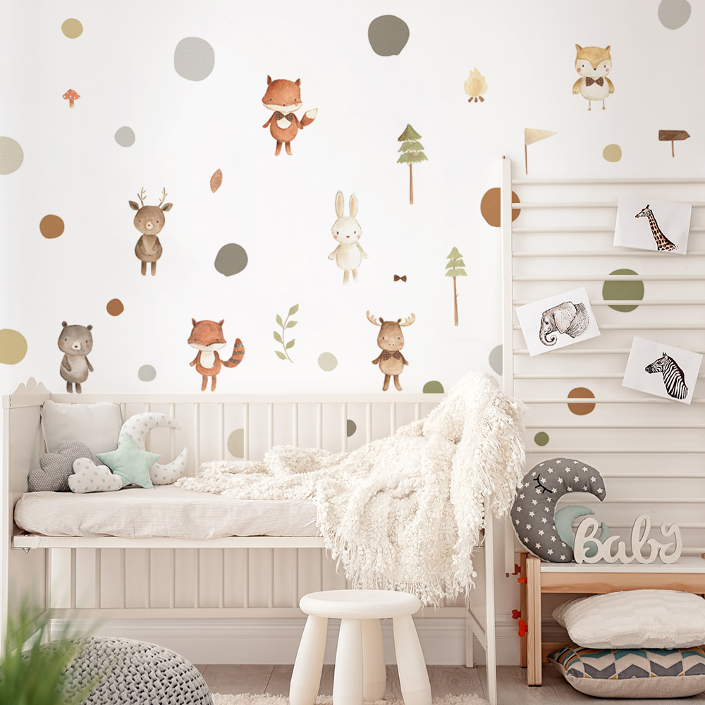 Baby Nursery Modern - Cartoon Cute Fox Rabbit Animals Polka
