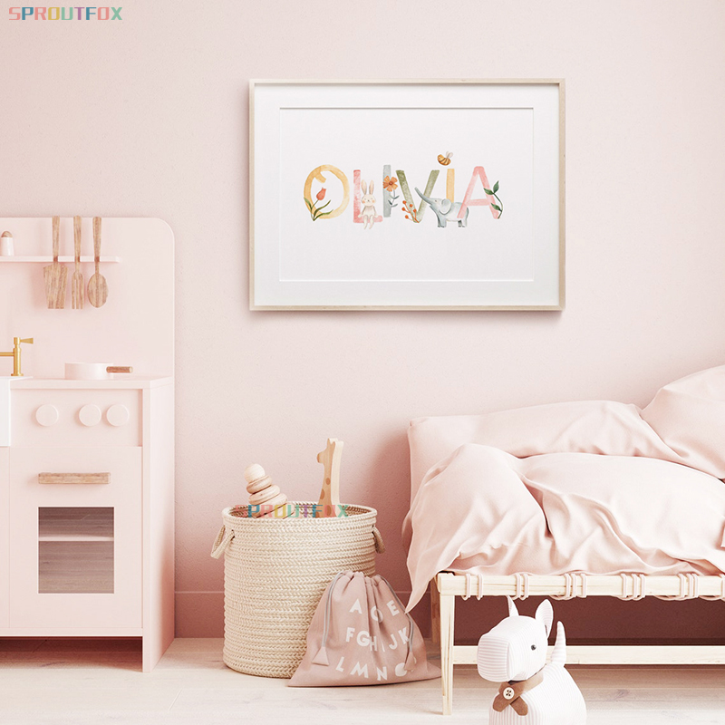 Baby Nursery Animal Pictures - Nursery Canvas Painting Name Custom Poster