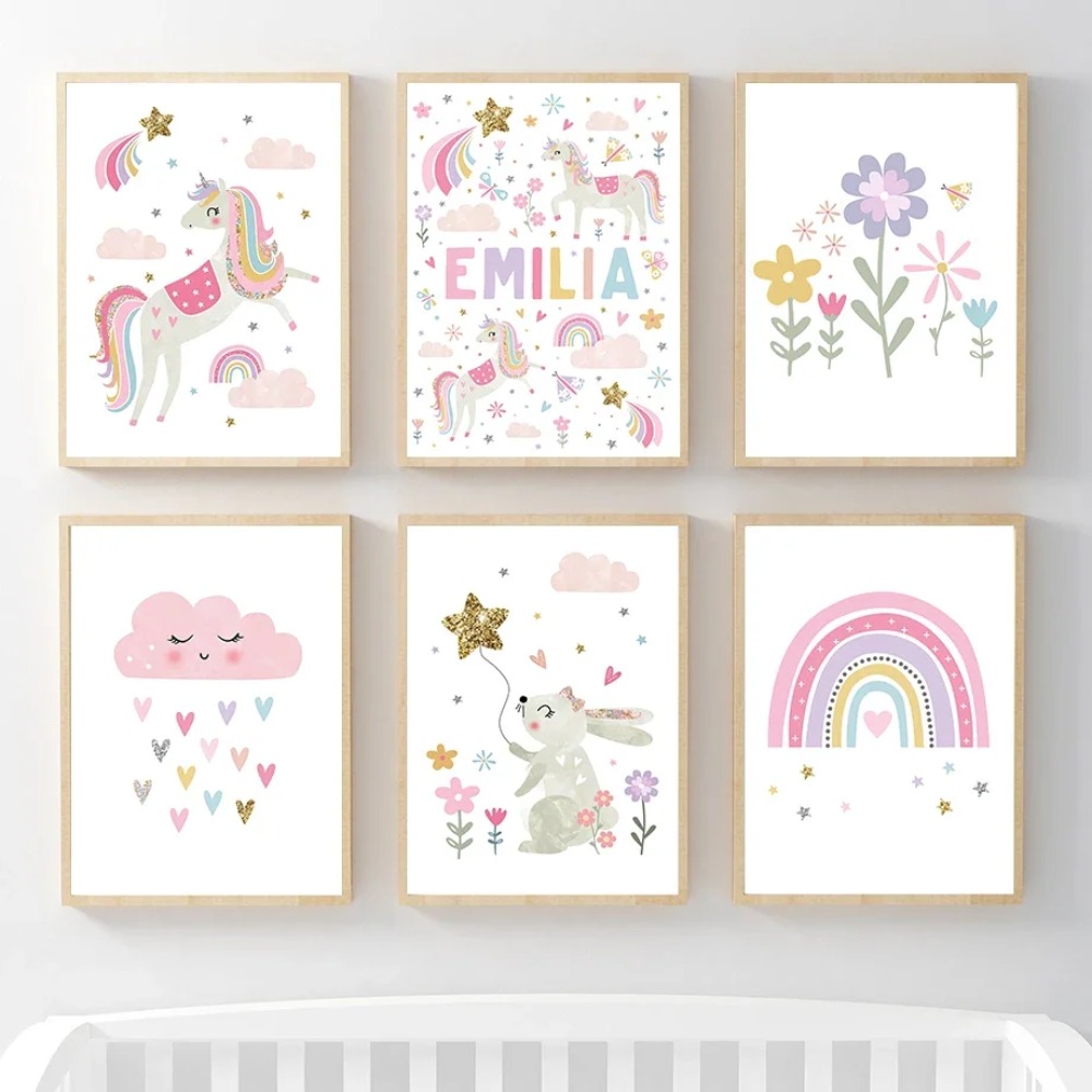 Baby Nursery Things - Pink Unicorn Rabbit Rainbow Cloud Flower