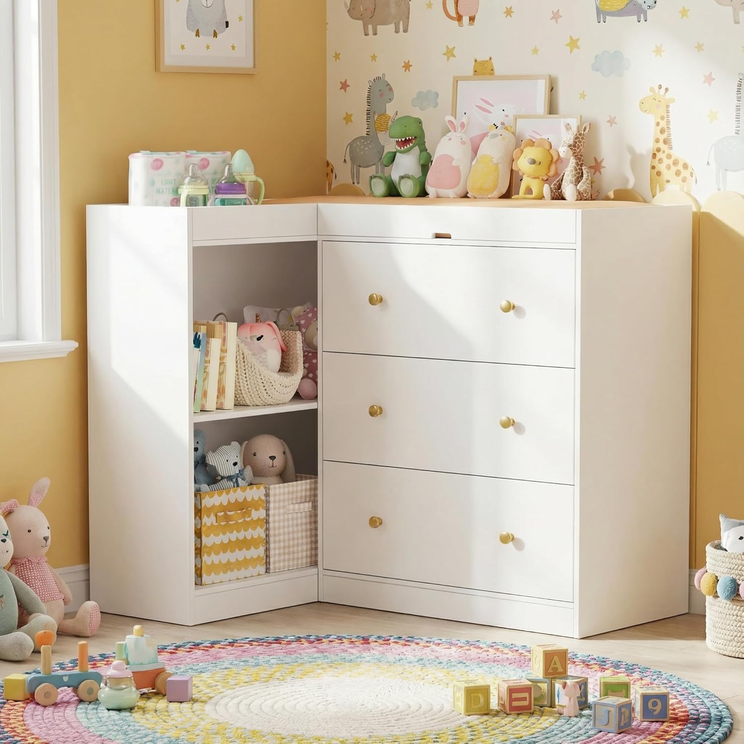 Baby Nursery Dresser - Corner Nursery Changing Table with 3