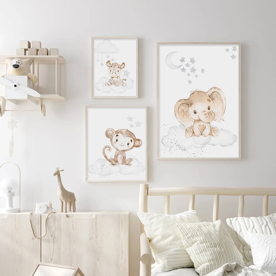 Baby Nursery Animal Pictures - Cartoon Lion Elephant African Animals Clouds