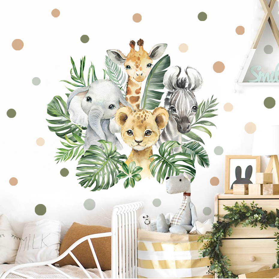Cartoon Jungle Animals Leaves  - Baby Nursery Vinyl Wall Stickers 리뷰 및 가격