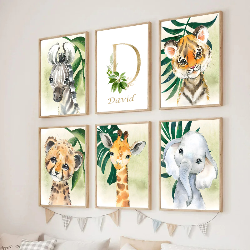 Gold Kids Name Poster Jungle A - Baby Nursery Animal Pictures 리뷰 및 가격