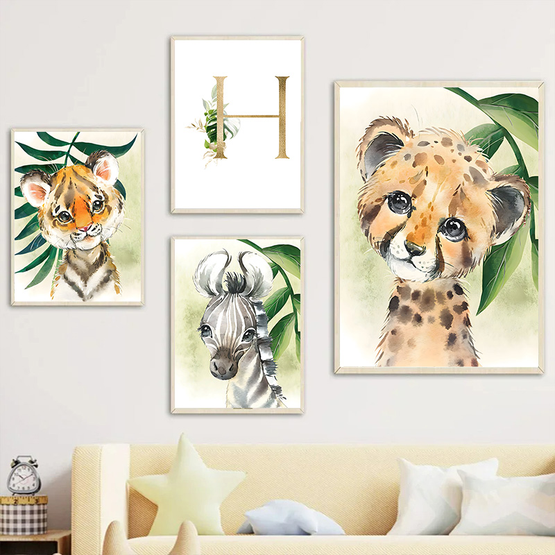 Gold Kids Name Poster Jungle A - Baby Nursery Animal Pictures 리뷰 및 가격