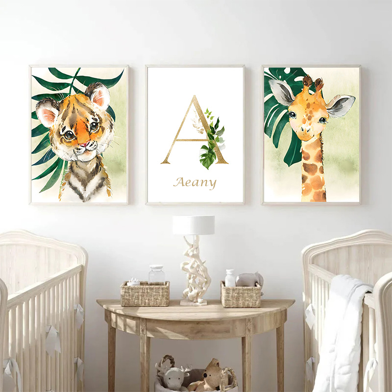 Gold Kids Name Poster Jungle A - Baby Nursery Animal Pictures 리뷰 및 가격