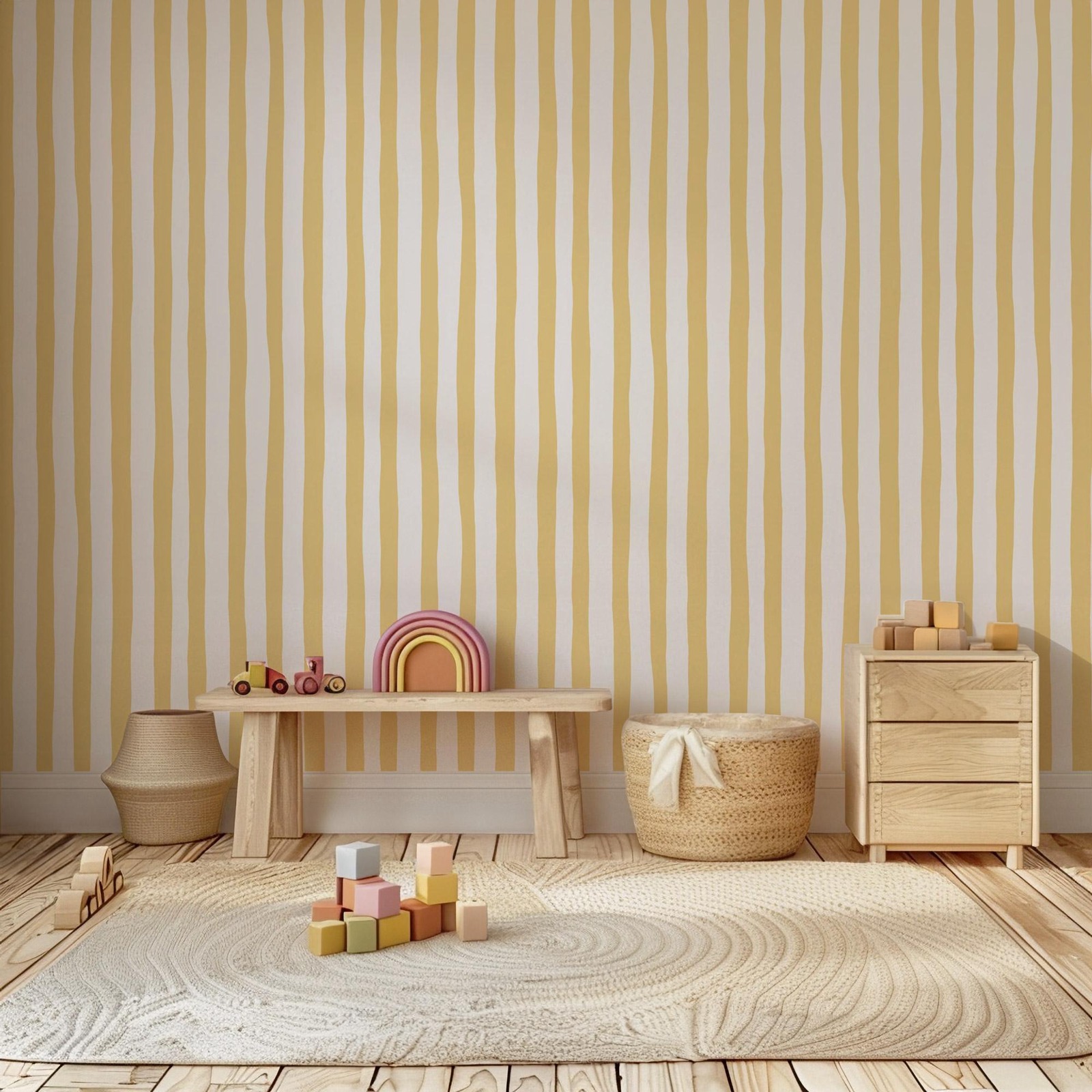 Sunshine Yellow Wobbly Stripes - Baby Nursery Peel And Stick Wallpaper 리뷰 및 가격