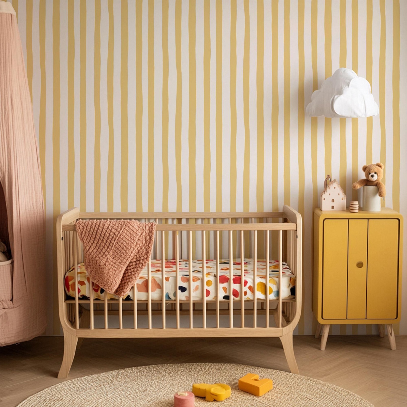 Sunshine Yellow Wobbly Stripes - Baby Nursery Peel And Stick Wallpaper 리뷰 및 가격
