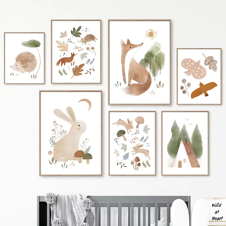 Boho Rabbit Fox Hedgehog Bird  - Baby Nursery Animal Pictures 리뷰 및 가격
