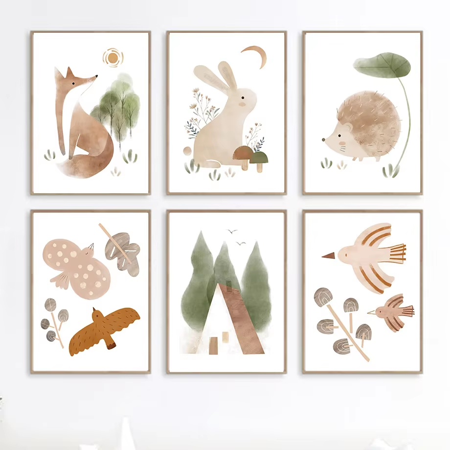 Boho Rabbit Fox Hedgehog Bird  - Baby Nursery Animal Pictures 리뷰 및 가격