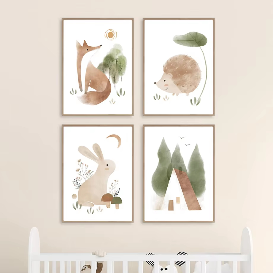 Boho Rabbit Fox Hedgehog Bird  - Baby Nursery Animal Pictures 리뷰 및 가격