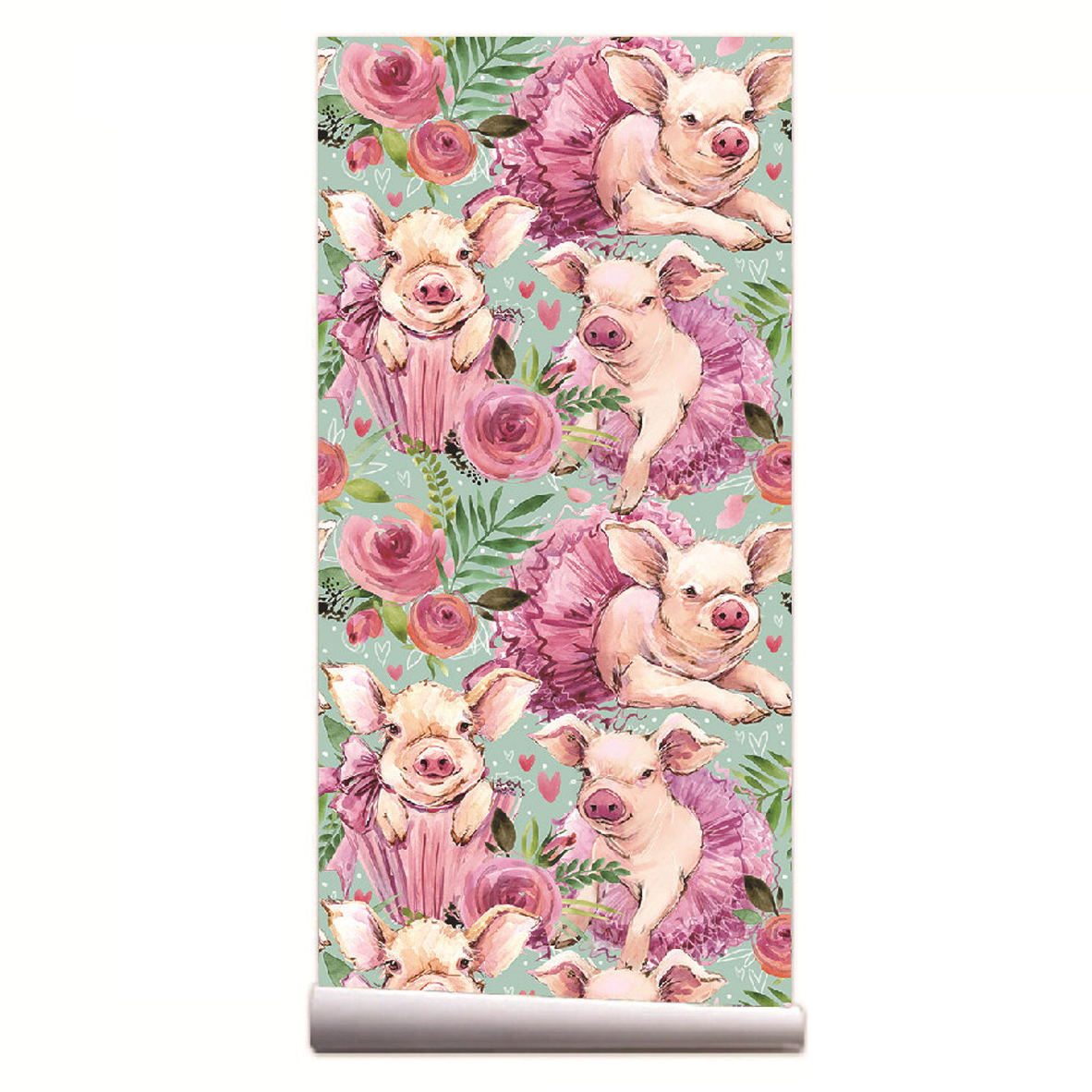 Pink Rose Floral Cute Baby Pig - Baby Nursery Peel And Stick Wallpaper 리뷰 및 가격