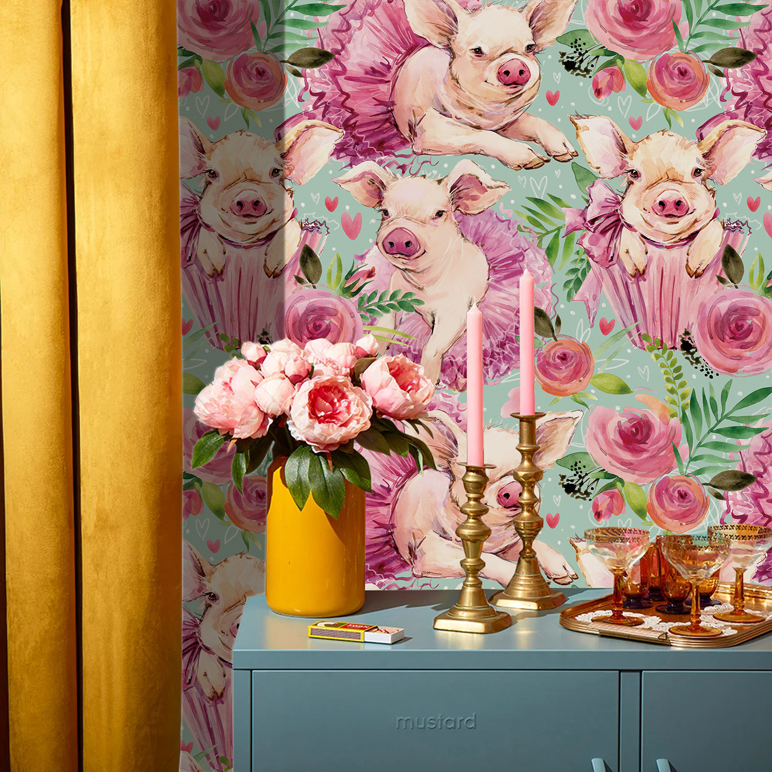 Pink Rose Floral Cute Baby Pig - Baby Nursery Peel And Stick Wallpaper 리뷰 및 가격