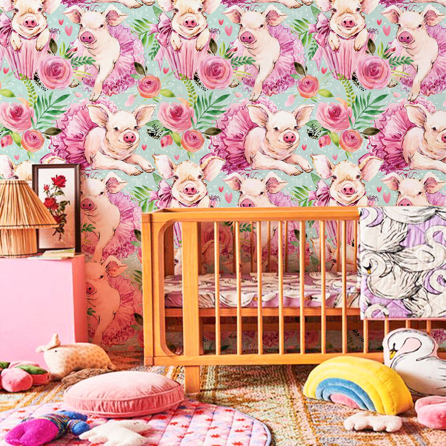 Pink Rose Floral Cute Baby Pig - Baby Nursery Peel And Stick Wallpaper 리뷰 및 가격