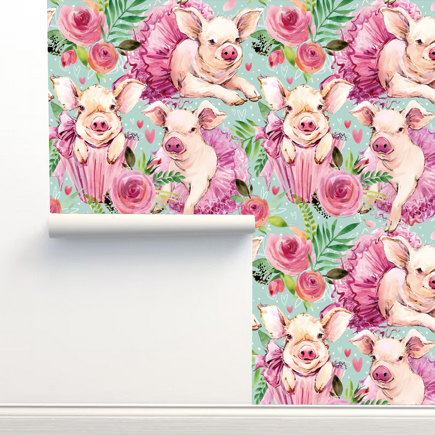 Pink Rose Floral Cute Baby Pig - Baby Nursery Peel And Stick Wallpaper 리뷰 및 가격