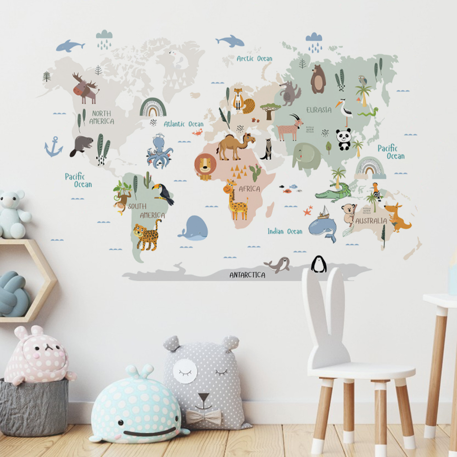 Watercolor  Cartoon World Map  - Baby Nursery Vinyl Wall Stickers 리뷰 및 가격