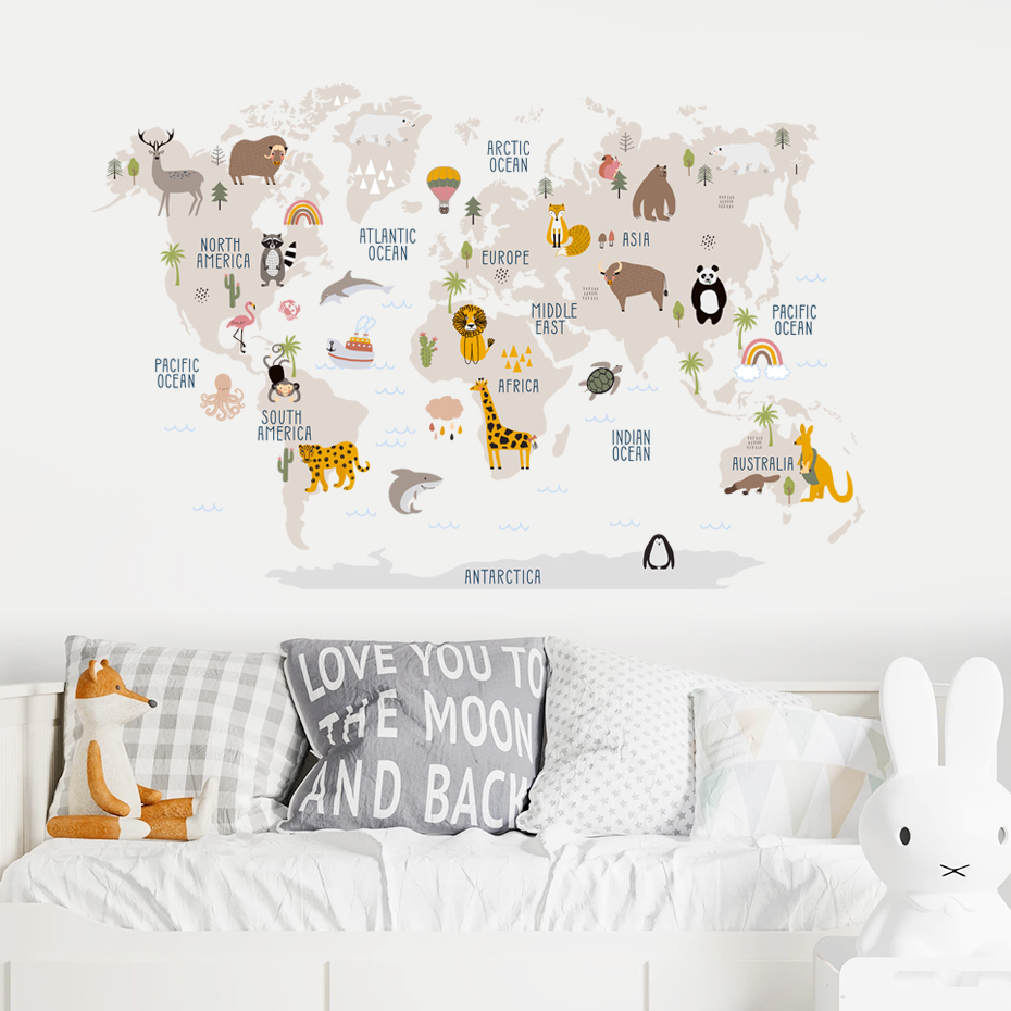 Watercolor  Cartoon World Map  - Baby Nursery Vinyl Wall Stickers 리뷰 및 가격