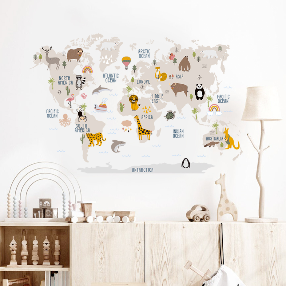 Watercolor  Cartoon World Map  - Baby Nursery Vinyl Wall Stickers 리뷰 및 가격