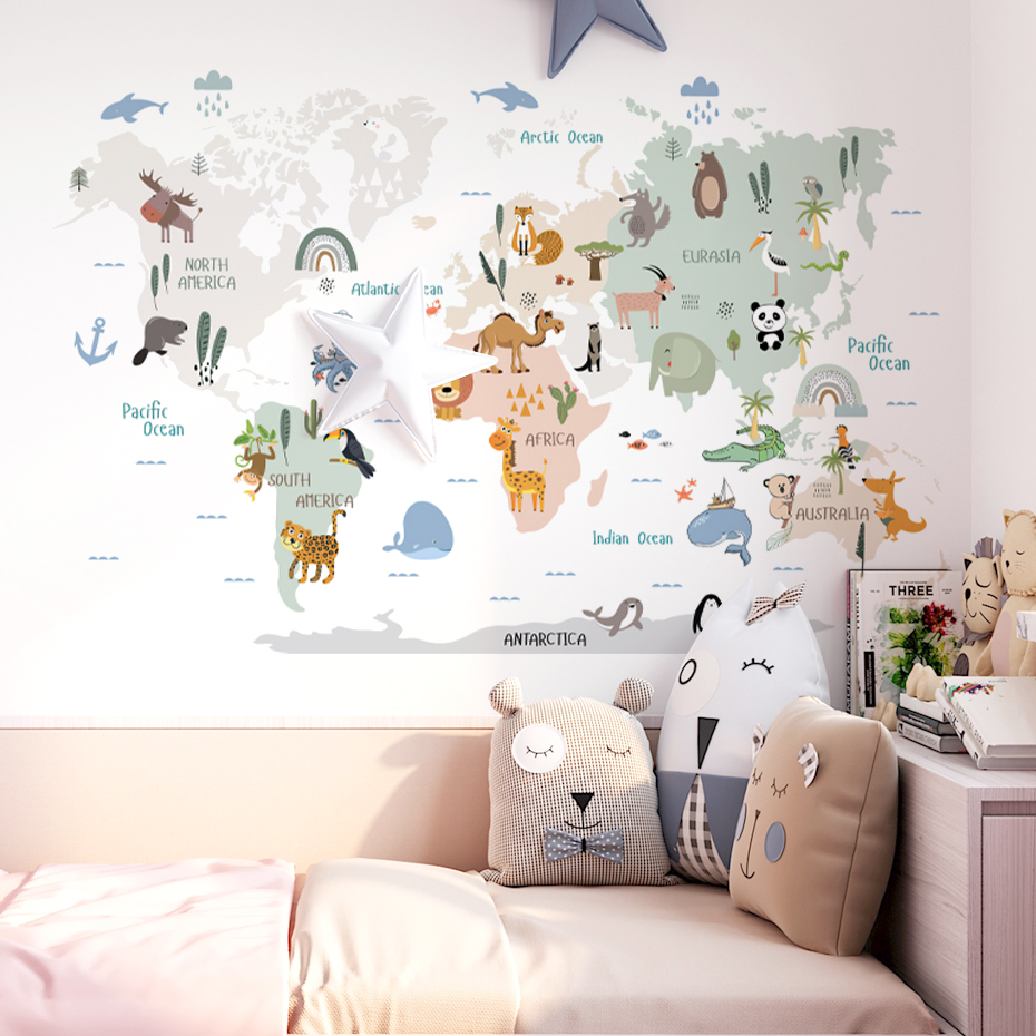 Watercolor  Cartoon World Map  - Baby Nursery Vinyl Wall Stickers 리뷰 및 가격